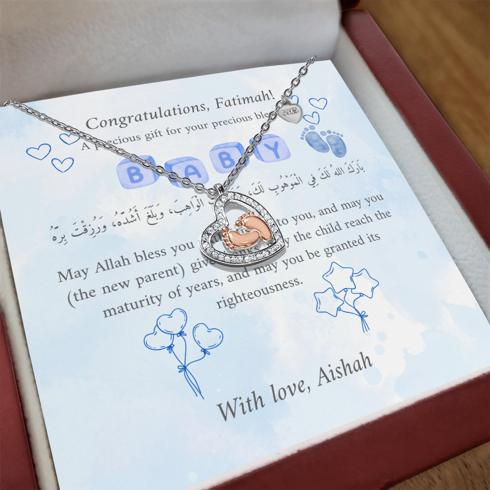 Personalized Baby Feet Heart Necklace – Sterling Silver with Rose Gold & Platinum - A Treasured Gift for New Moms & Aqeeqah