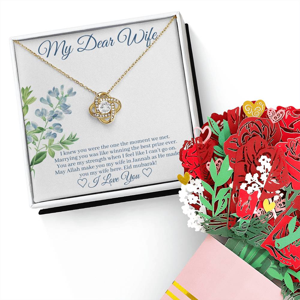 Eid Gift For Wife w/Customized Message Card - Love Knot Necklace + Sweet Devotion Flower Bouquet. 18K Yellow Gold Finish. Standard Box.