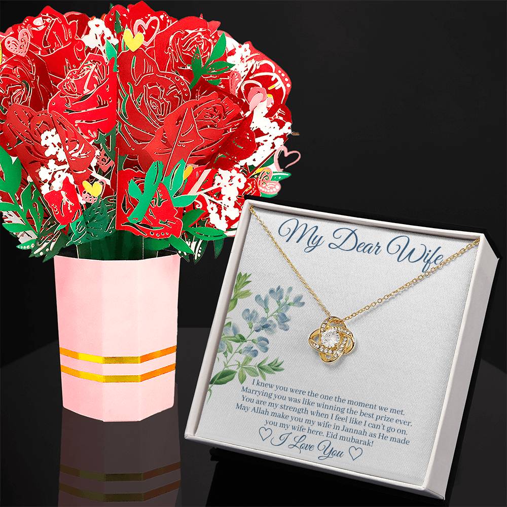 Eid Gift For Wife w/Customized Message Card - Love Knot Necklace + Sweet Devotion Flower Bouquet. 18K Yellow Gold Finish. Standard Box.