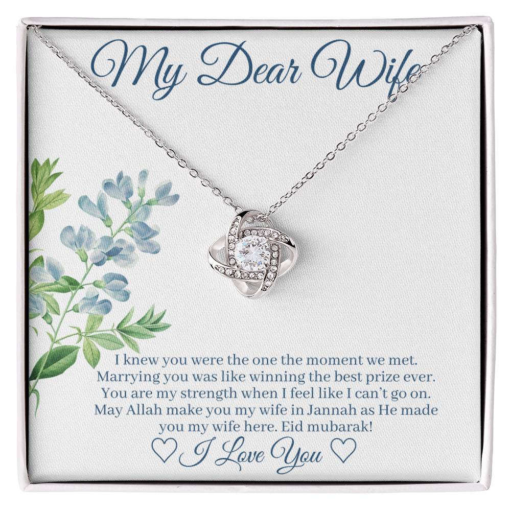 Eid Gift For Wife w/Customized Message Card - Love Knot Necklace + Sweet Devotion Flower Bouquet. White Gold Finish. Standard Box.