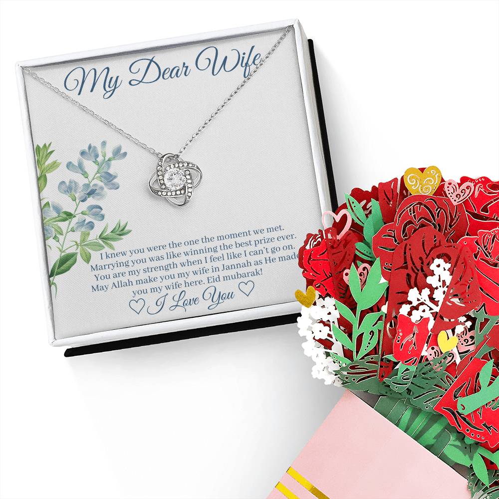 Eid Gift For Wife w/Customized Message Card - Love Knot Necklace + Sweet Devotion Flower Bouquet. White Gold Finish. Standard Box.