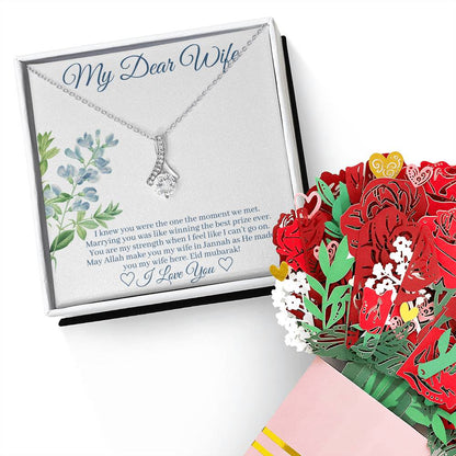 Eid Gift For Wife w/Customized Message Card - Alluring Beauty Necklace + Sweet Devotion Flower Bouquet. White Gold Finish. Standard Box.