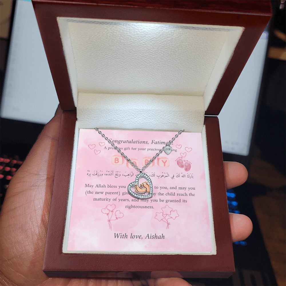 Personalized Baby Feet Heart Necklace – Sterling Silver with Rose Gold & Platinum - A Treasured Gift for New Moms & Aqeeqah